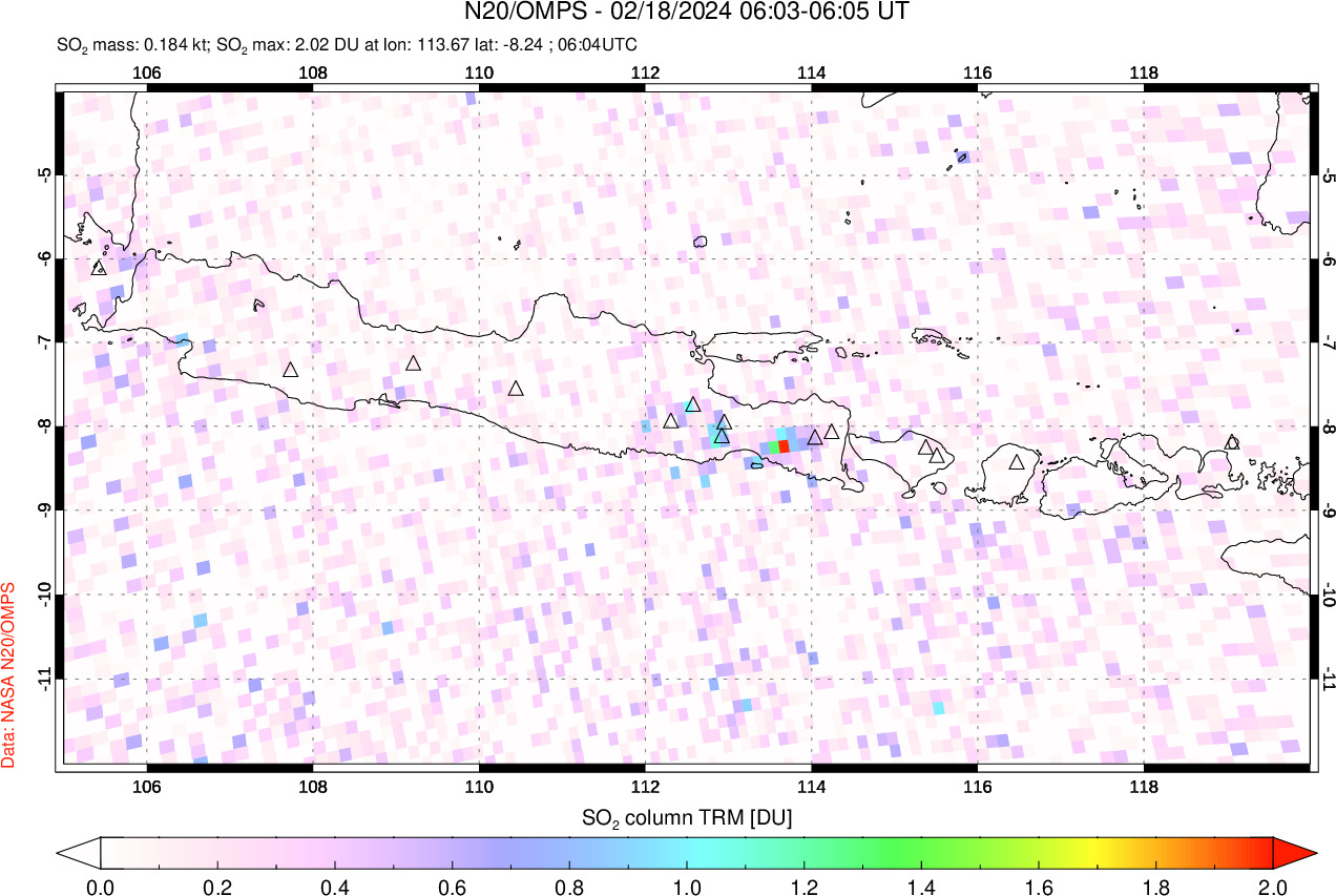 A sulfur dioxide image over Java, Indonesia on Feb 18, 2024.