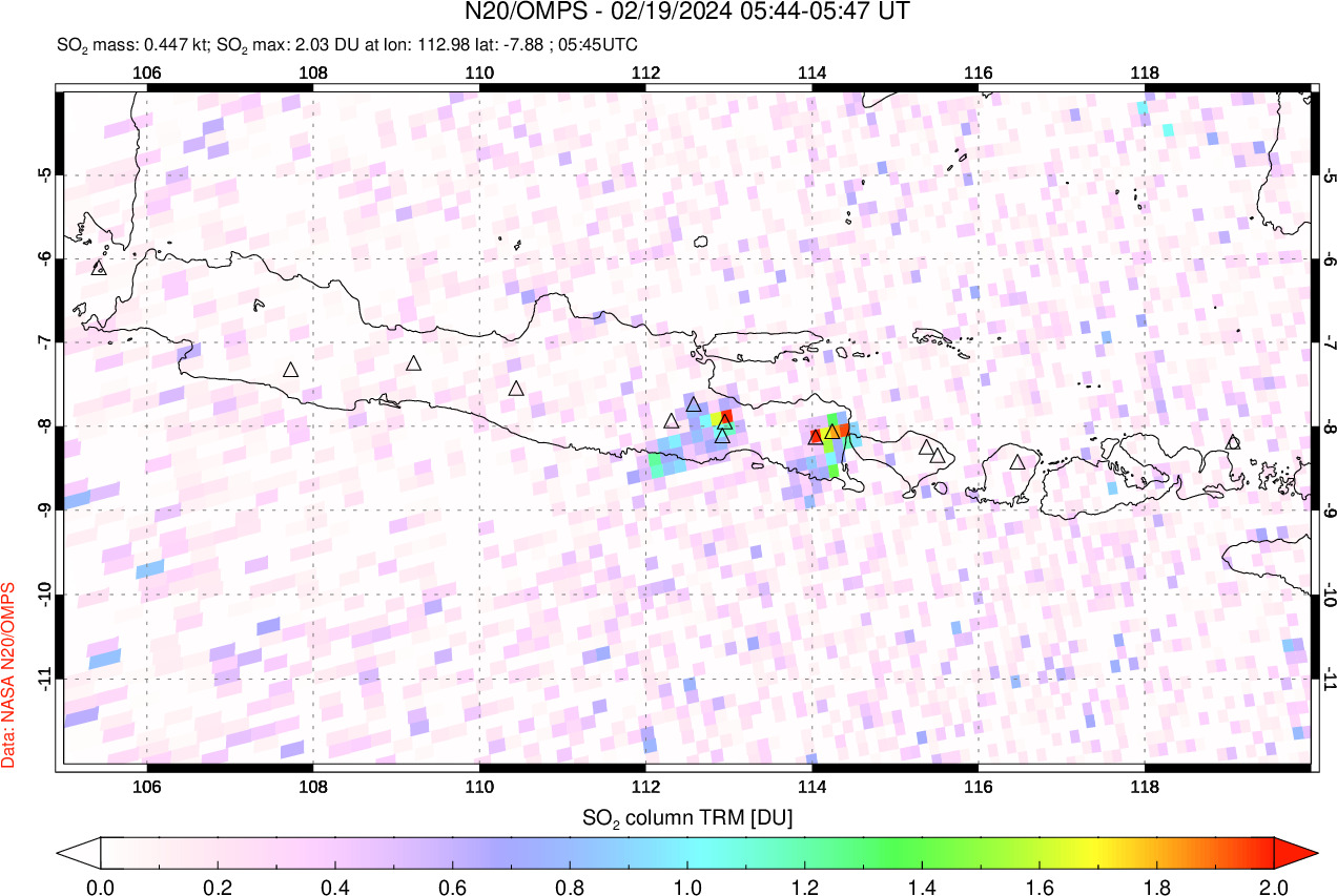 A sulfur dioxide image over Java, Indonesia on Feb 19, 2024.