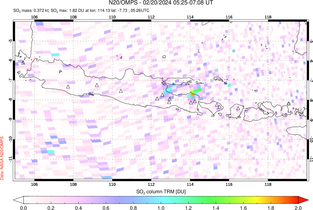 A sulfur dioxide image over Java, Indonesia on Feb 20, 2024.