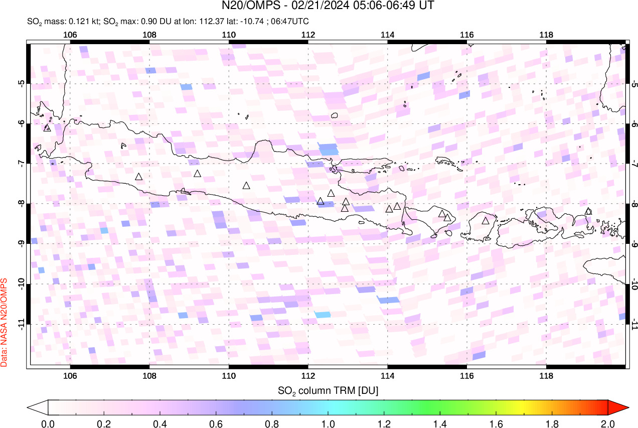 A sulfur dioxide image over Java, Indonesia on Feb 21, 2024.