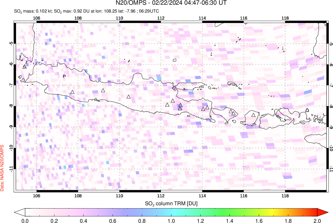A sulfur dioxide image over Java, Indonesia on Feb 22, 2024.