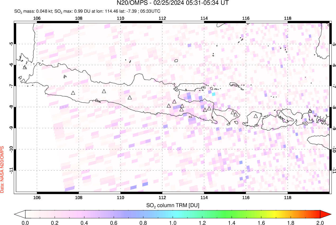 A sulfur dioxide image over Java, Indonesia on Feb 25, 2024.