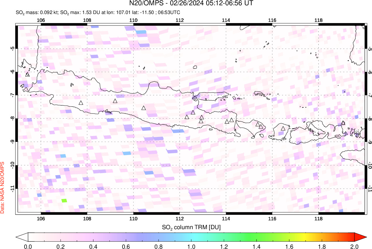 A sulfur dioxide image over Java, Indonesia on Feb 26, 2024.