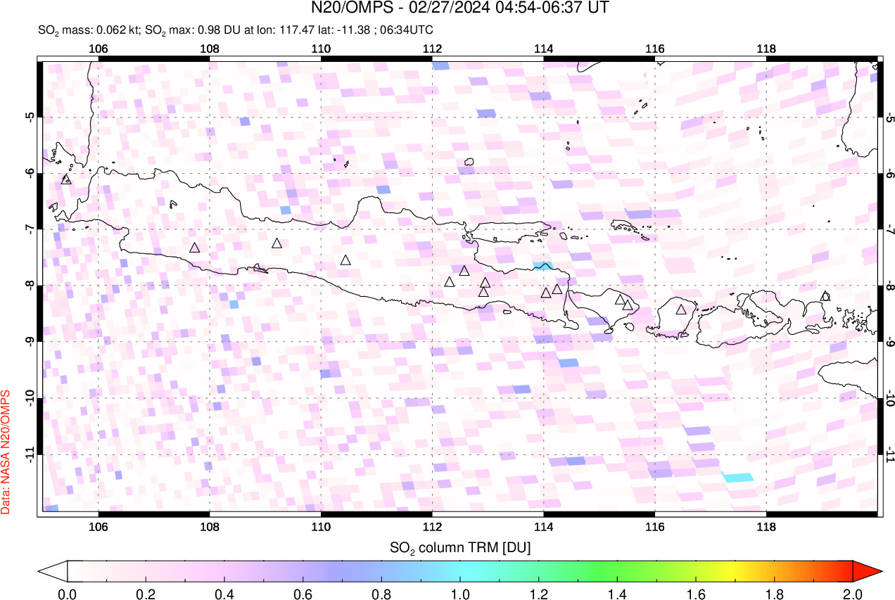 A sulfur dioxide image over Java, Indonesia on Feb 27, 2024.