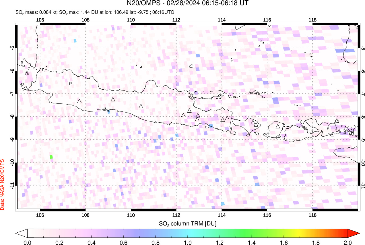 A sulfur dioxide image over Java, Indonesia on Feb 28, 2024.