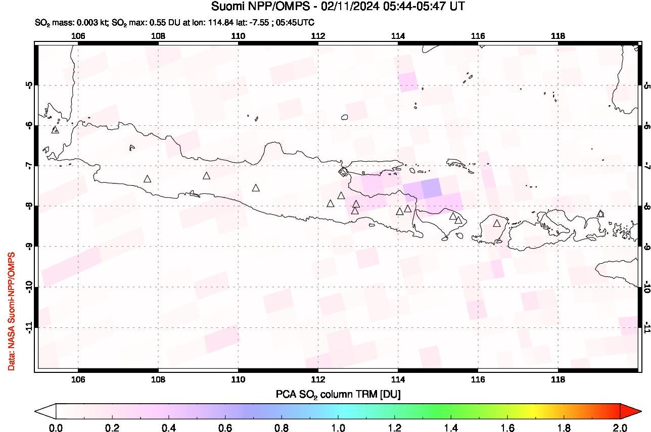 A sulfur dioxide image over Java, Indonesia on Feb 11, 2024.