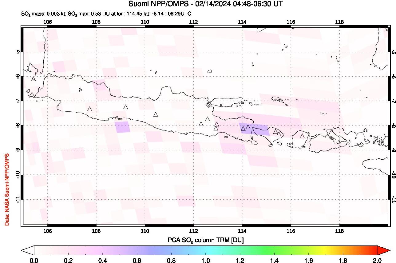 A sulfur dioxide image over Java, Indonesia on Feb 14, 2024.