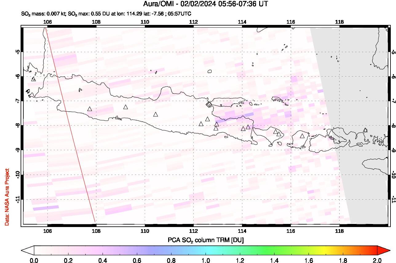 A sulfur dioxide image over Java, Indonesia on Feb 02, 2024.