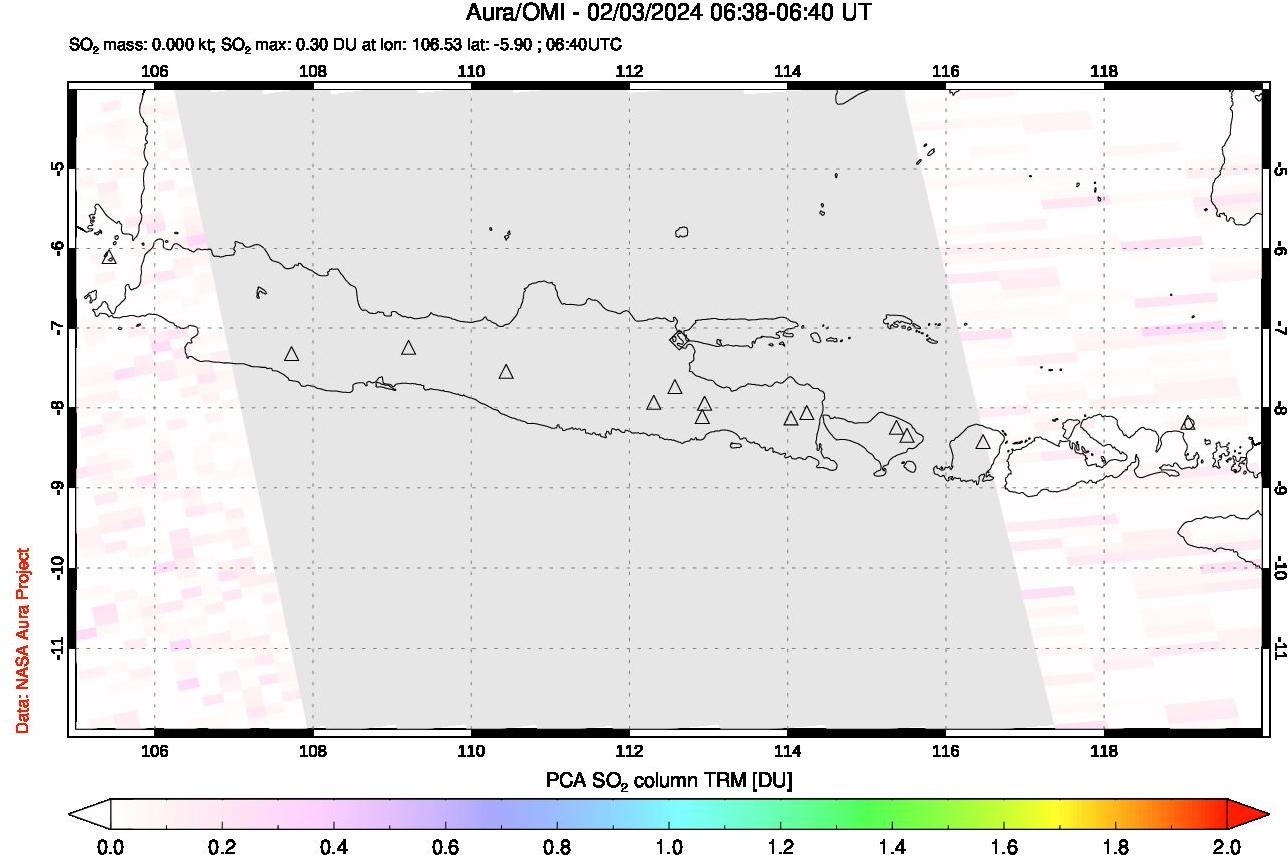 A sulfur dioxide image over Java, Indonesia on Feb 03, 2024.