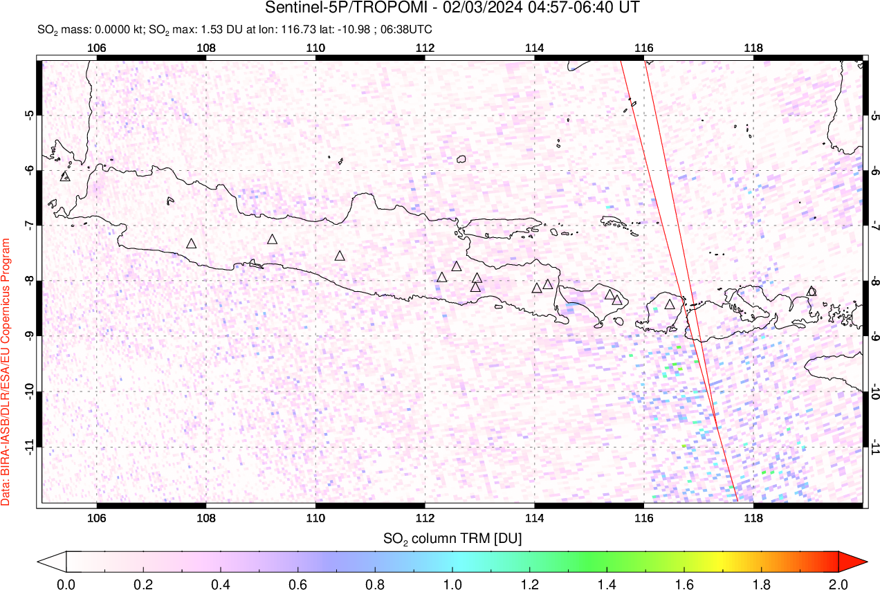A sulfur dioxide image over Java, Indonesia on Feb 03, 2024.