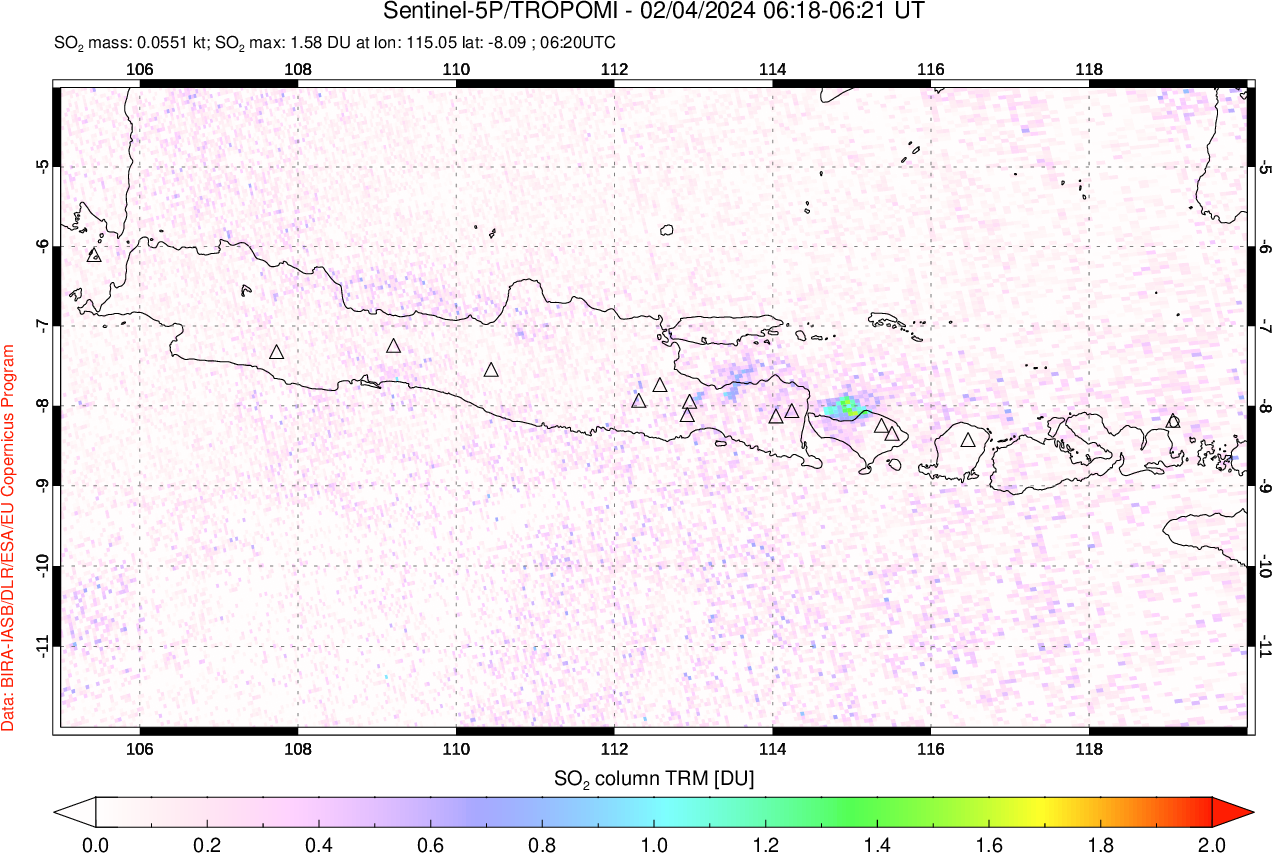 A sulfur dioxide image over Java, Indonesia on Feb 04, 2024.