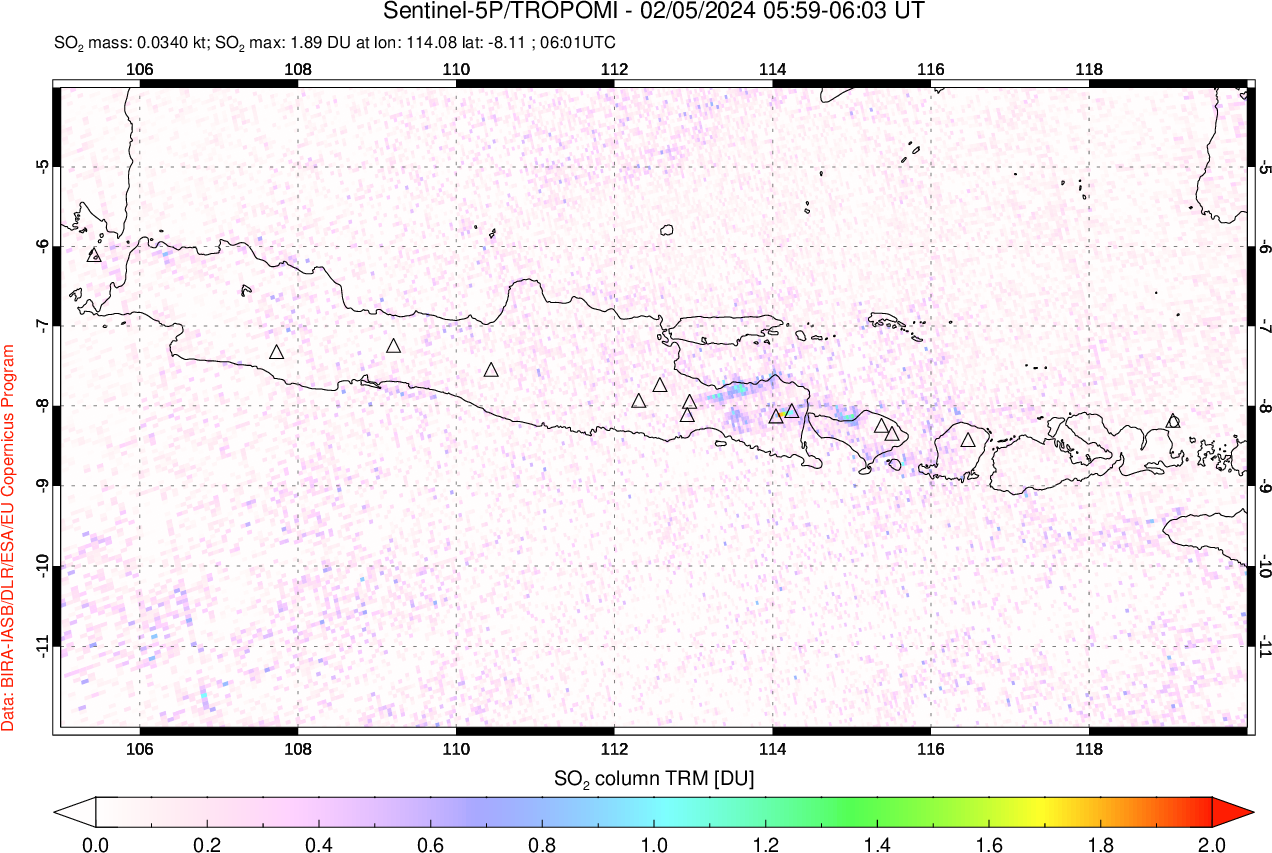 A sulfur dioxide image over Java, Indonesia on Feb 05, 2024.