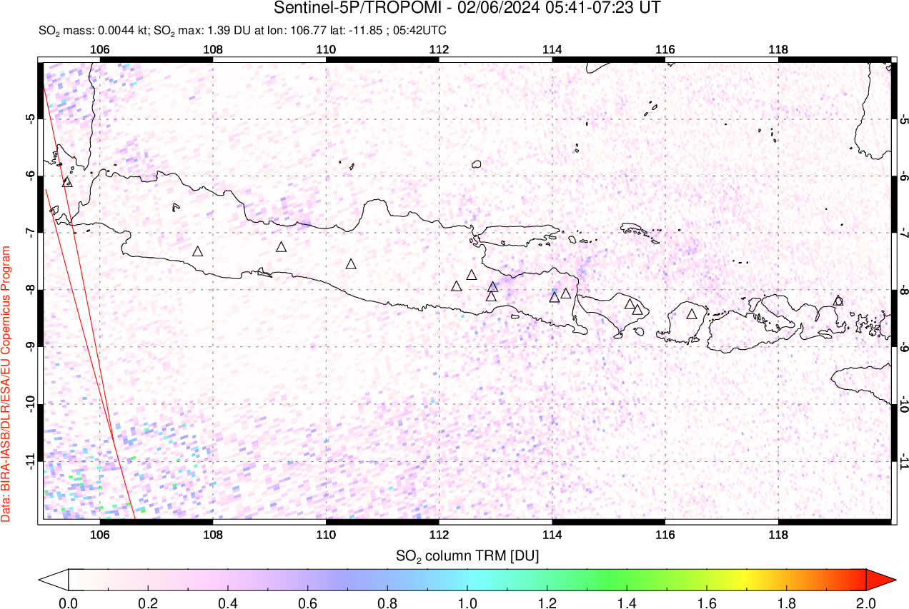 A sulfur dioxide image over Java, Indonesia on Feb 06, 2024.