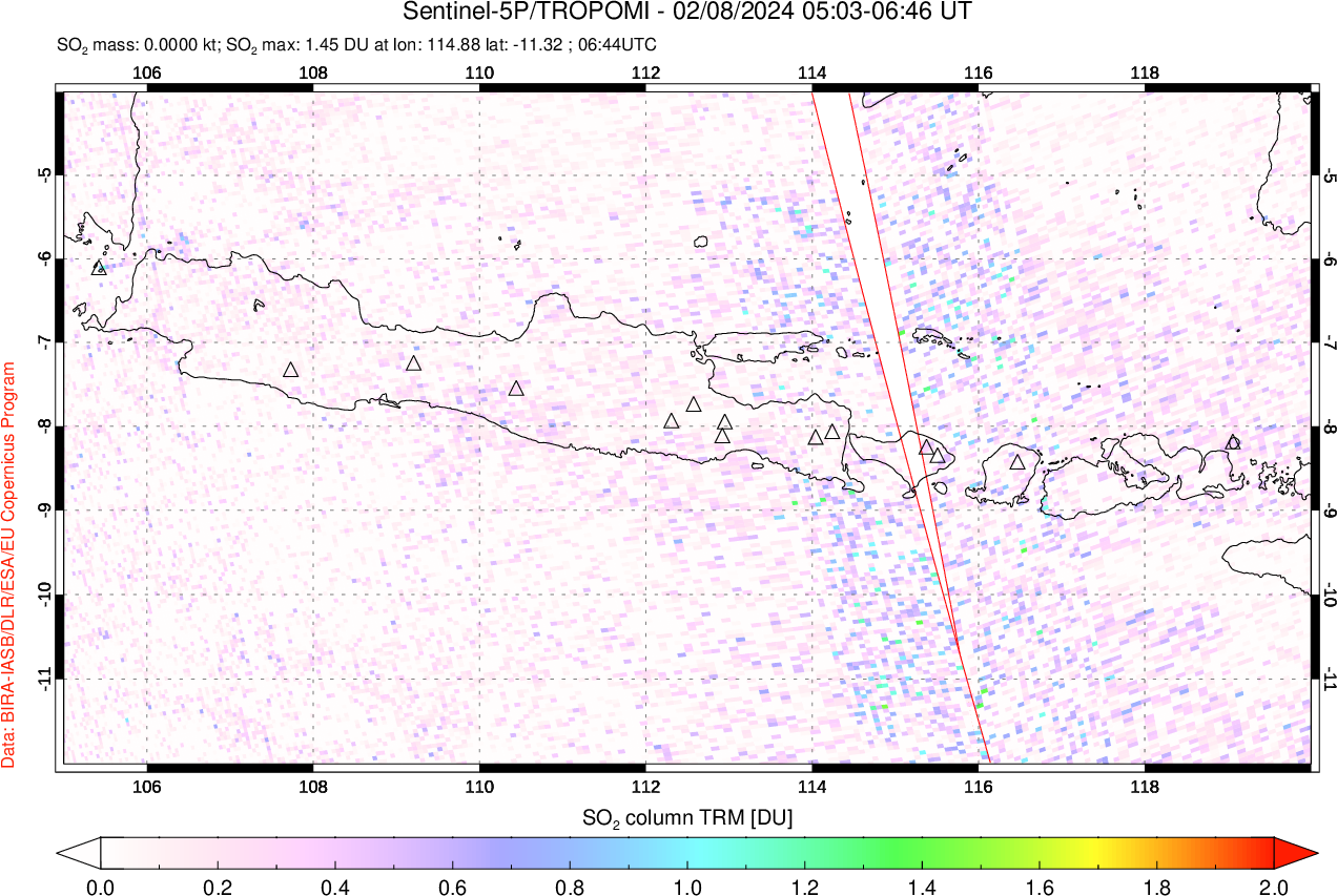 A sulfur dioxide image over Java, Indonesia on Feb 08, 2024.