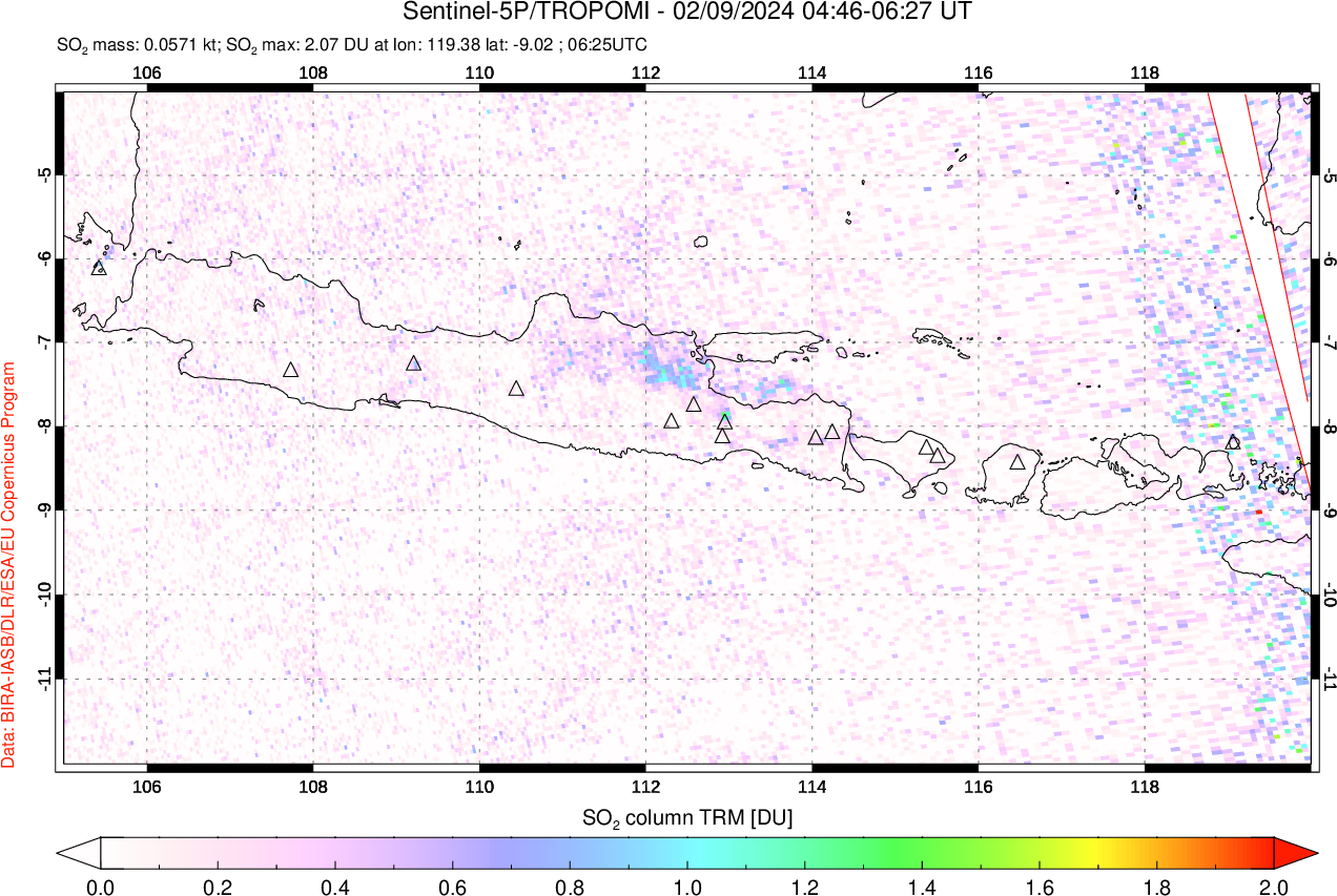 A sulfur dioxide image over Java, Indonesia on Feb 09, 2024.
