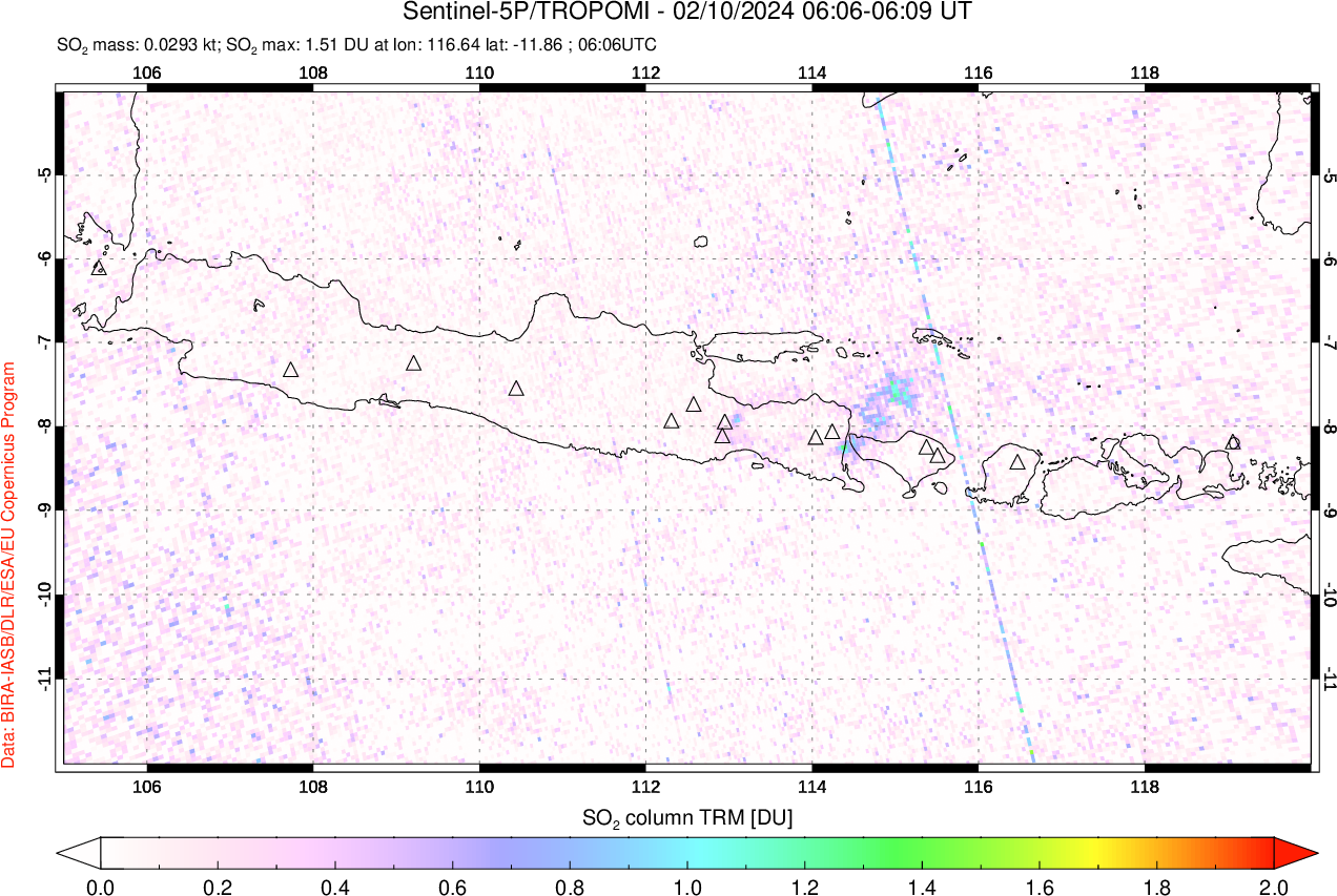 A sulfur dioxide image over Java, Indonesia on Feb 10, 2024.