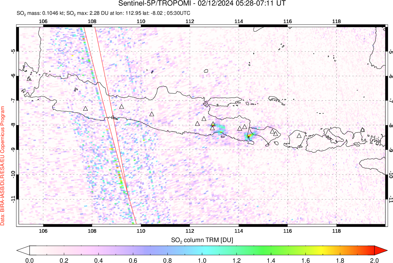 A sulfur dioxide image over Java, Indonesia on Feb 12, 2024.