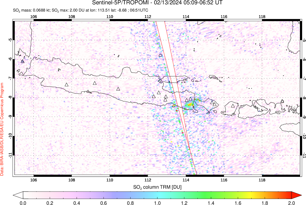 A sulfur dioxide image over Java, Indonesia on Feb 13, 2024.
