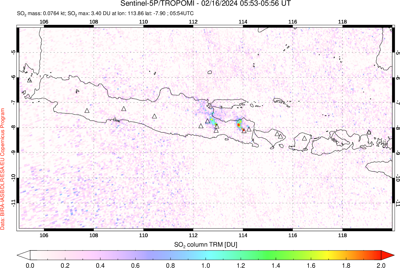 A sulfur dioxide image over Java, Indonesia on Feb 16, 2024.