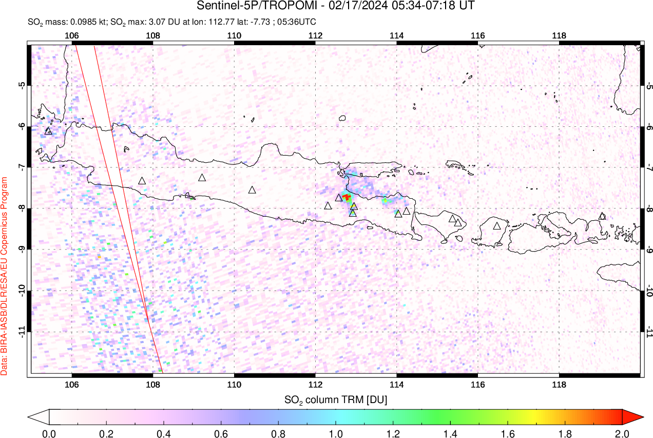A sulfur dioxide image over Java, Indonesia on Feb 17, 2024.