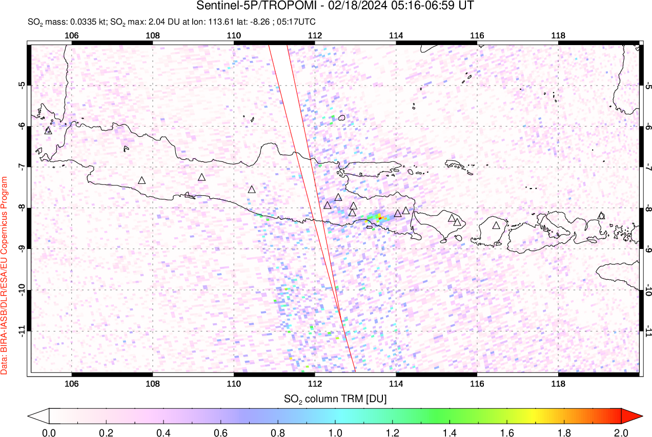 A sulfur dioxide image over Java, Indonesia on Feb 18, 2024.