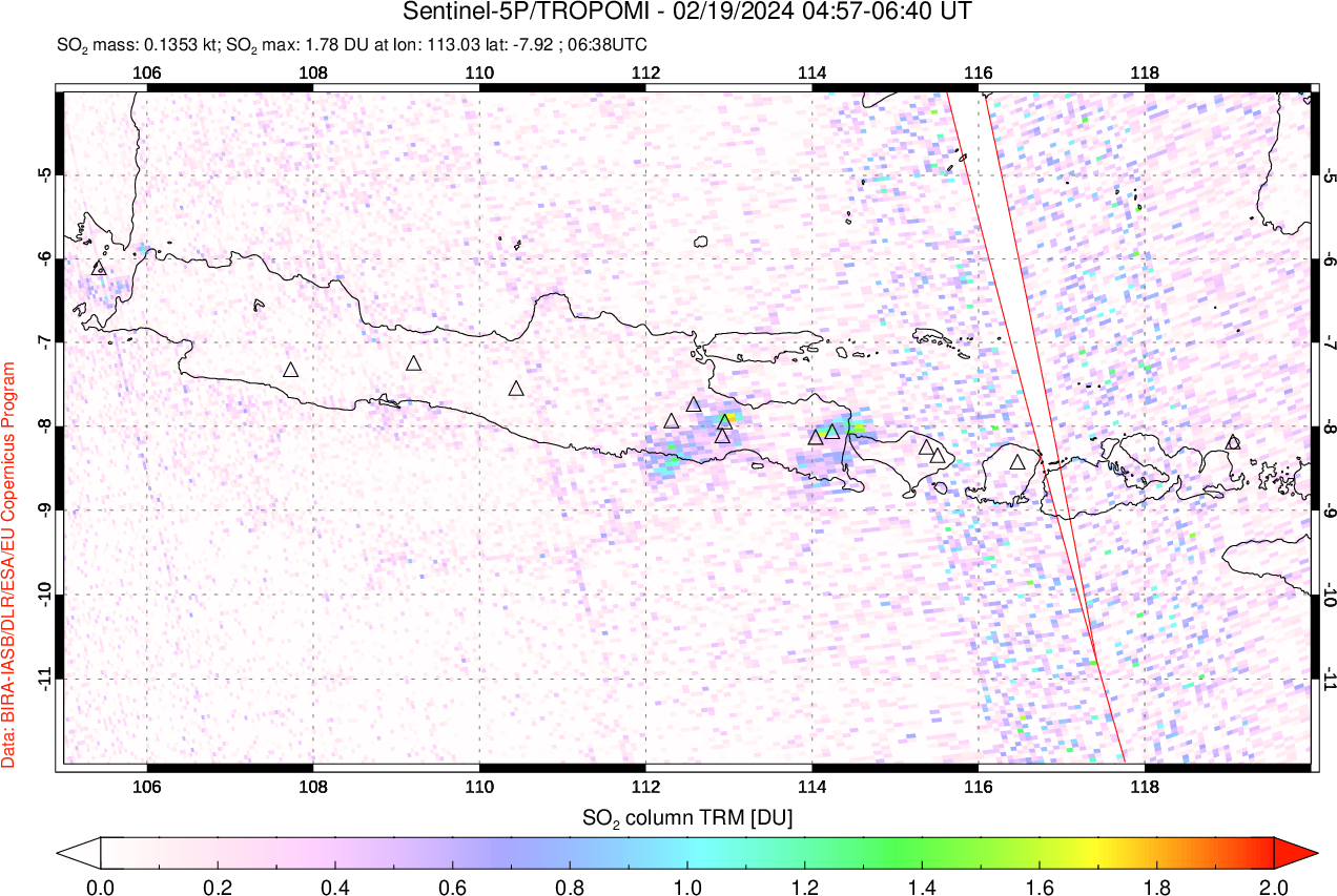 A sulfur dioxide image over Java, Indonesia on Feb 19, 2024.