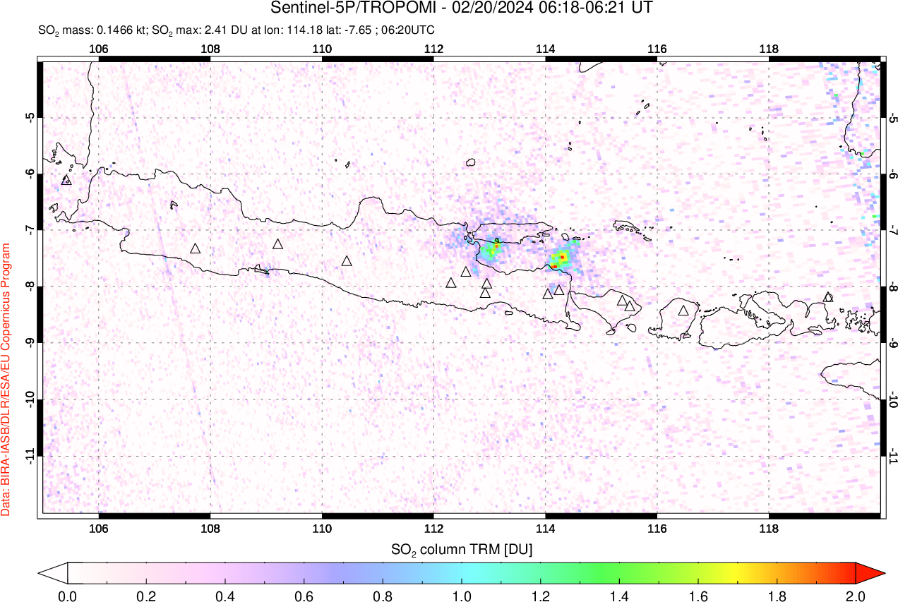 A sulfur dioxide image over Java, Indonesia on Feb 20, 2024.