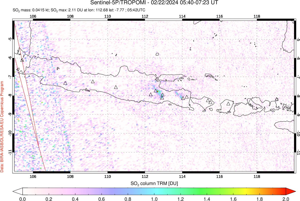 A sulfur dioxide image over Java, Indonesia on Feb 22, 2024.