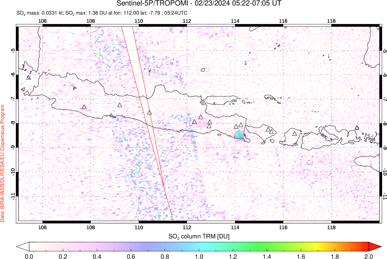A sulfur dioxide image over Java, Indonesia on Feb 23, 2024.