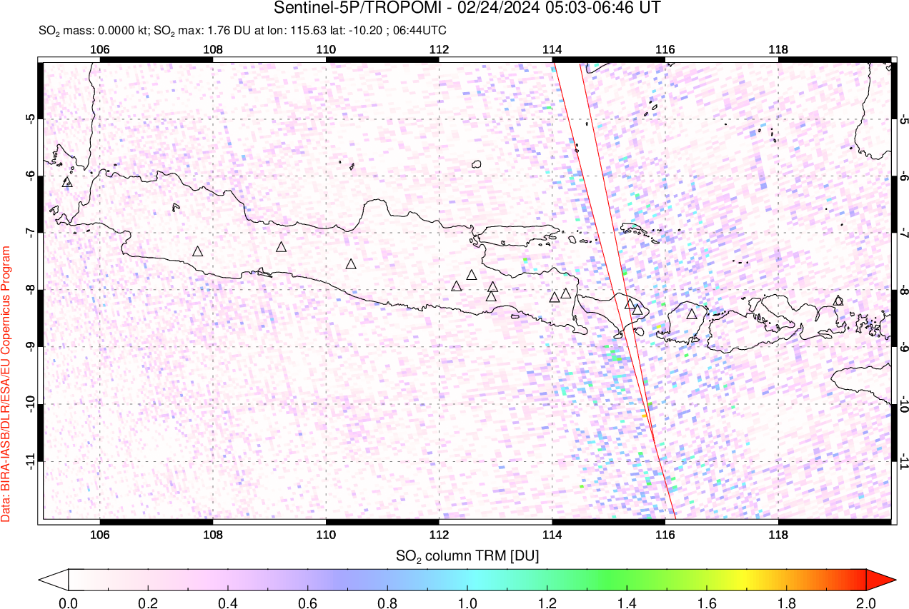 A sulfur dioxide image over Java, Indonesia on Feb 24, 2024.