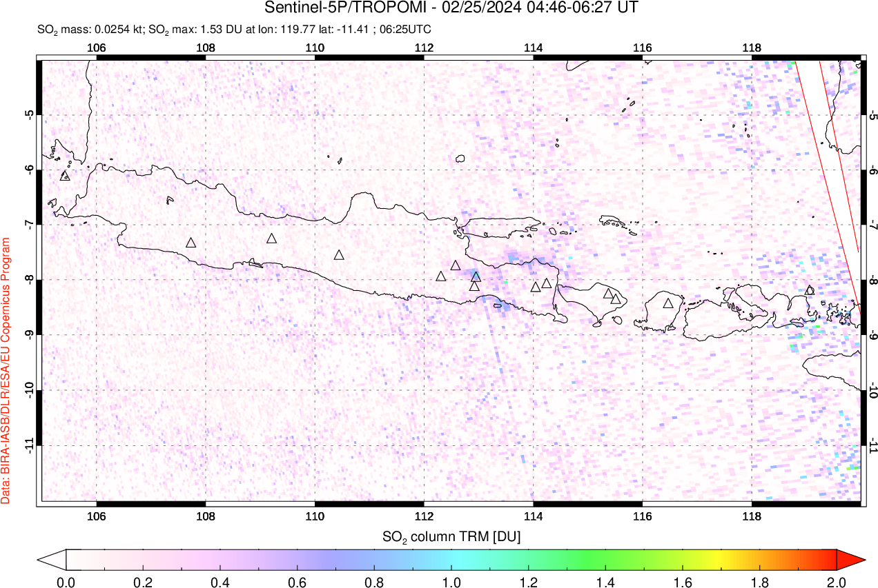 A sulfur dioxide image over Java, Indonesia on Feb 25, 2024.