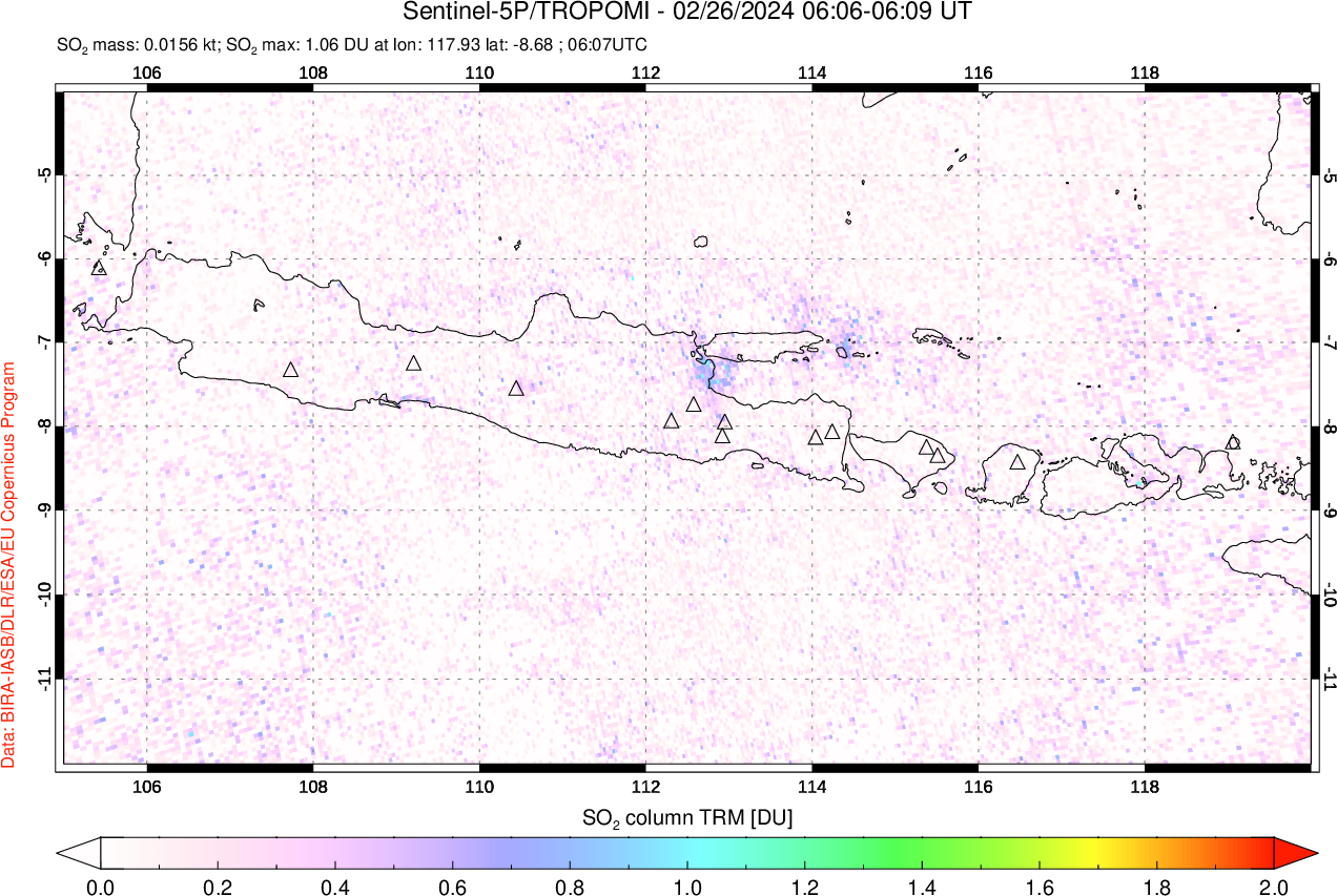 A sulfur dioxide image over Java, Indonesia on Feb 26, 2024.