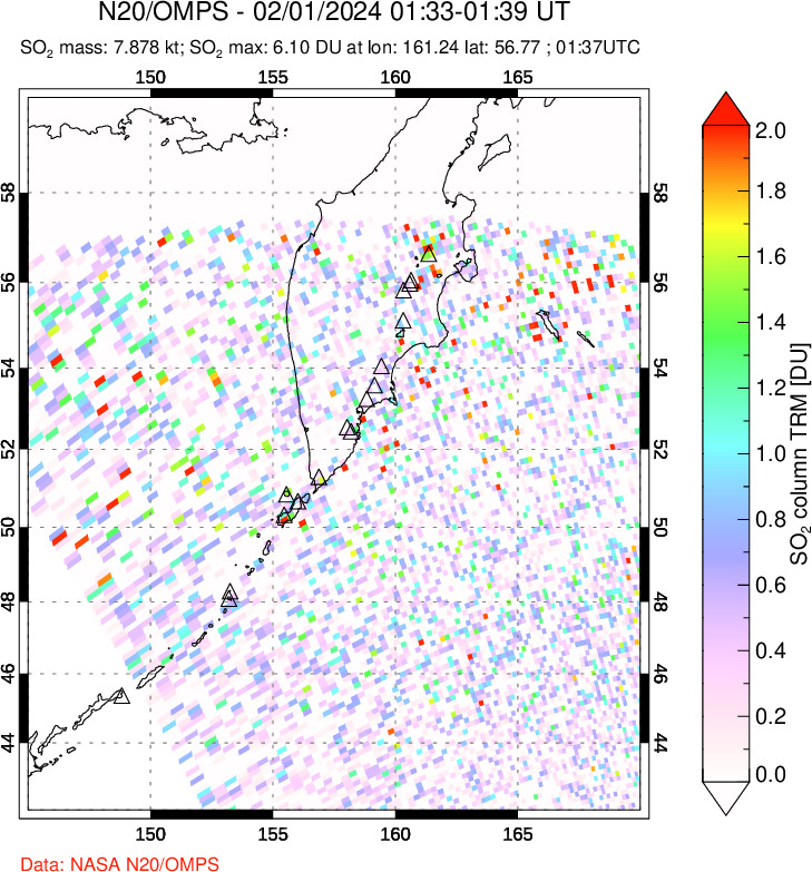 A sulfur dioxide image over Kamchatka, Russian Federation on Feb 01, 2024.