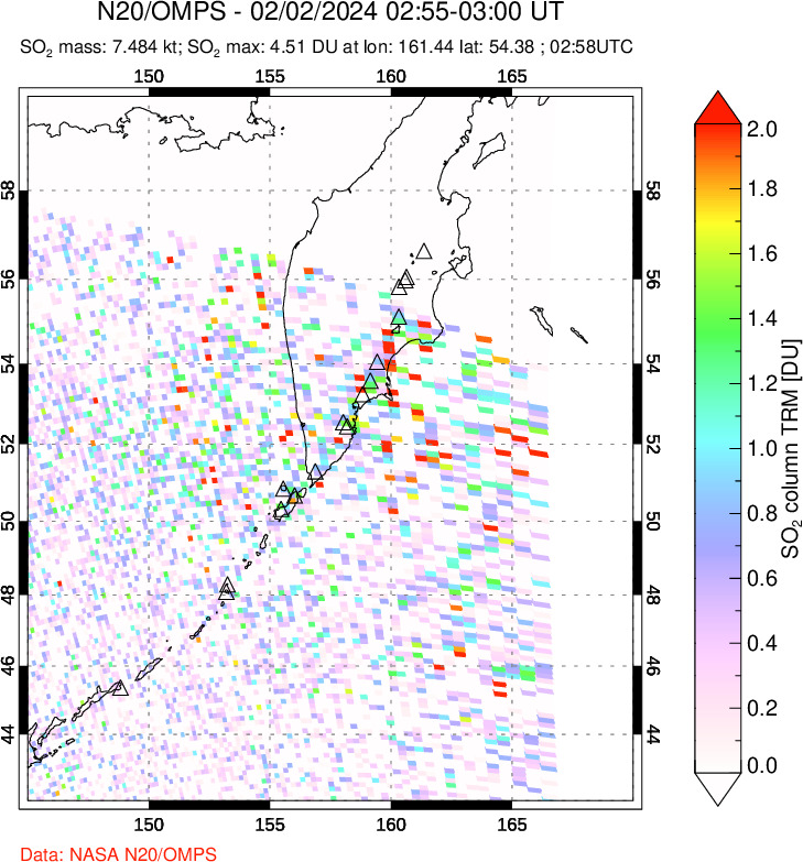 A sulfur dioxide image over Kamchatka, Russian Federation on Feb 02, 2024.