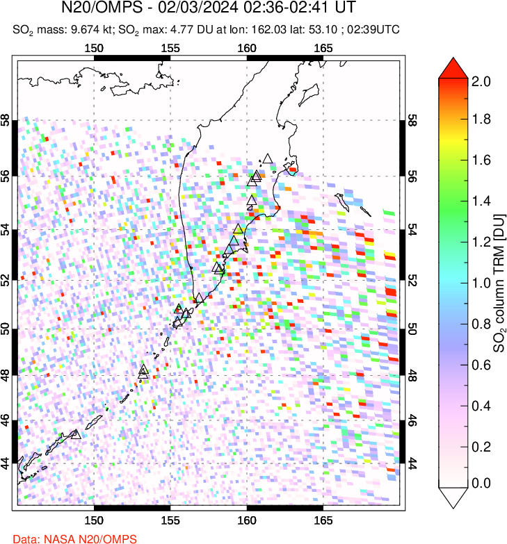 A sulfur dioxide image over Kamchatka, Russian Federation on Feb 03, 2024.