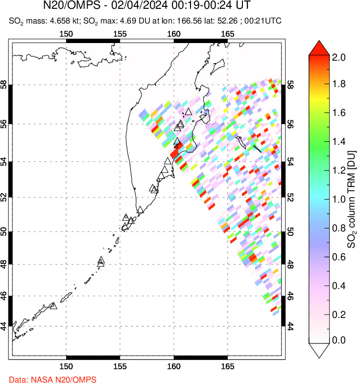 A sulfur dioxide image over Kamchatka, Russian Federation on Feb 04, 2024.