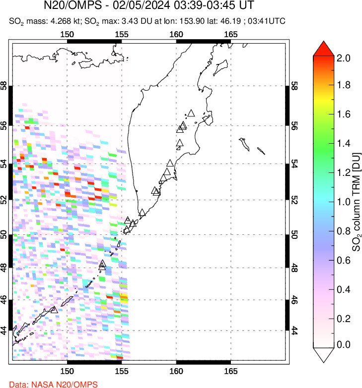 A sulfur dioxide image over Kamchatka, Russian Federation on Feb 05, 2024.