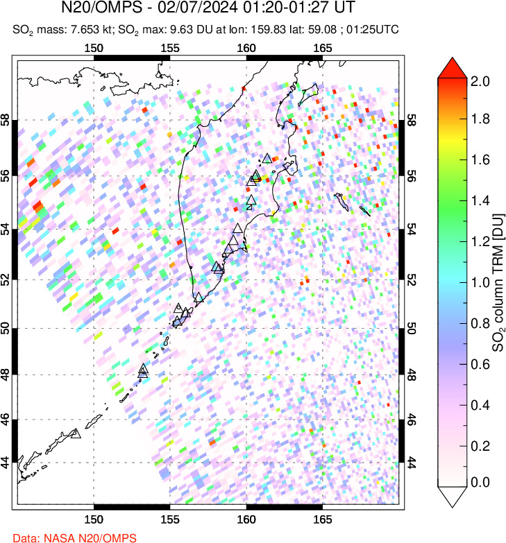 A sulfur dioxide image over Kamchatka, Russian Federation on Feb 07, 2024.