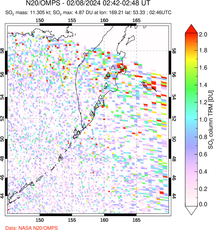 A sulfur dioxide image over Kamchatka, Russian Federation on Feb 08, 2024.