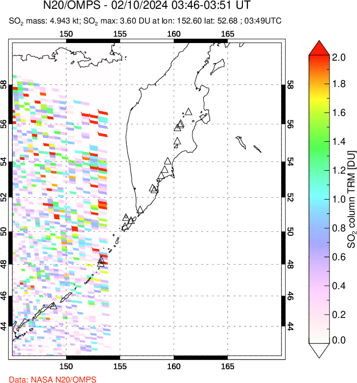 A sulfur dioxide image over Kamchatka, Russian Federation on Feb 10, 2024.