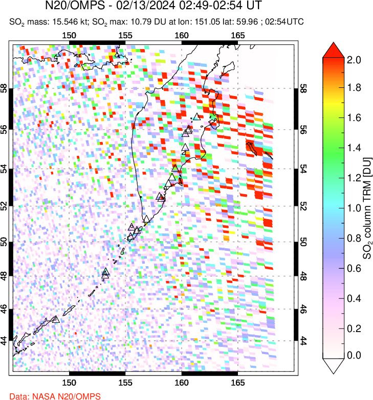 A sulfur dioxide image over Kamchatka, Russian Federation on Feb 13, 2024.