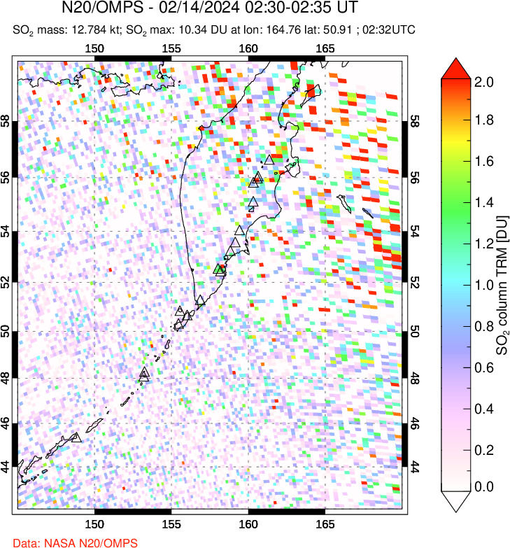 A sulfur dioxide image over Kamchatka, Russian Federation on Feb 14, 2024.