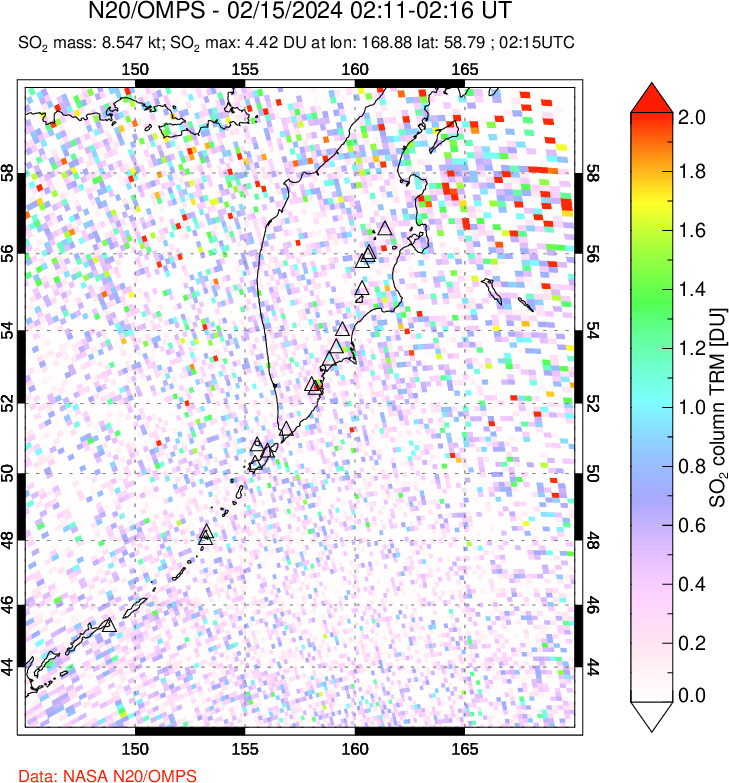 A sulfur dioxide image over Kamchatka, Russian Federation on Feb 15, 2024.