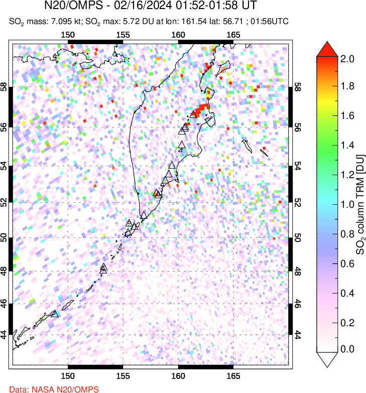 A sulfur dioxide image over Kamchatka, Russian Federation on Feb 16, 2024.