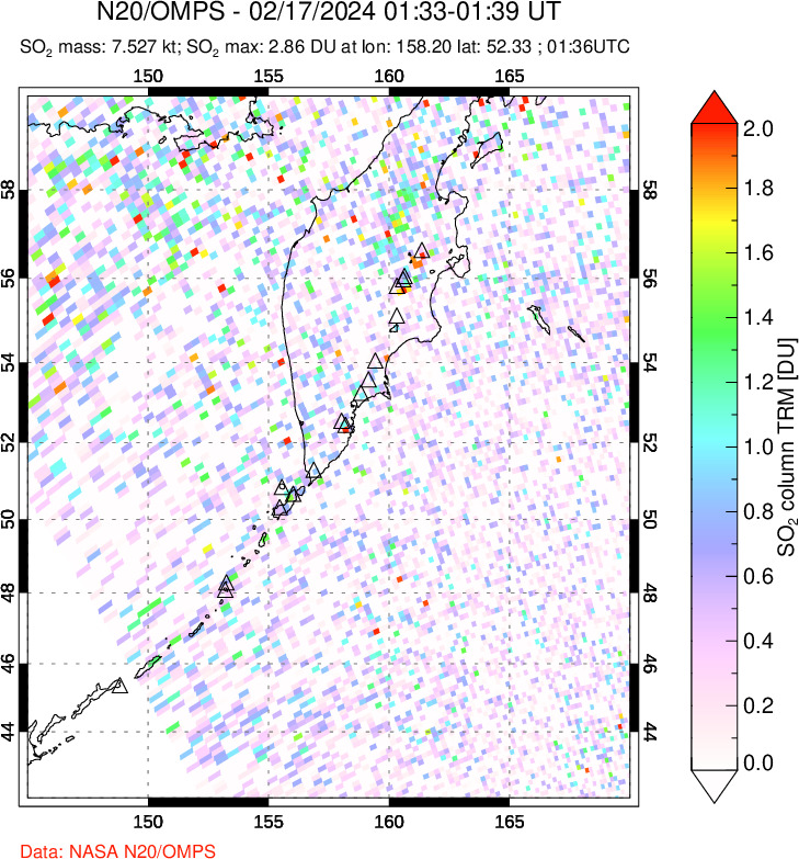 A sulfur dioxide image over Kamchatka, Russian Federation on Feb 17, 2024.