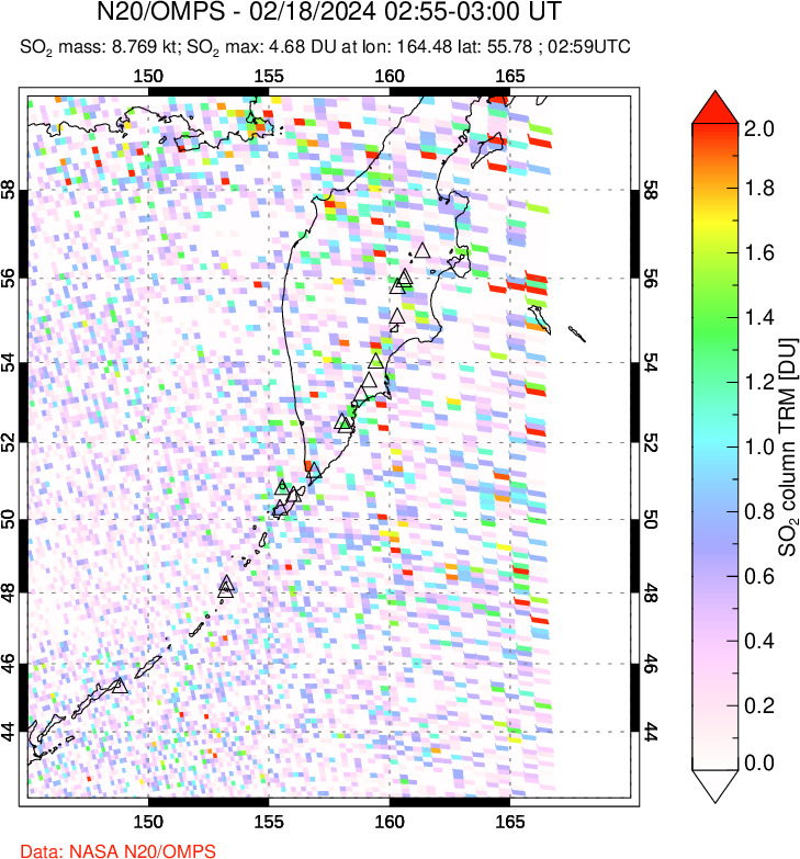 A sulfur dioxide image over Kamchatka, Russian Federation on Feb 18, 2024.