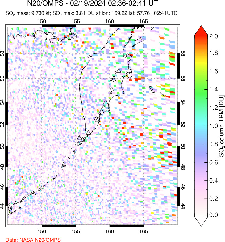 A sulfur dioxide image over Kamchatka, Russian Federation on Feb 19, 2024.