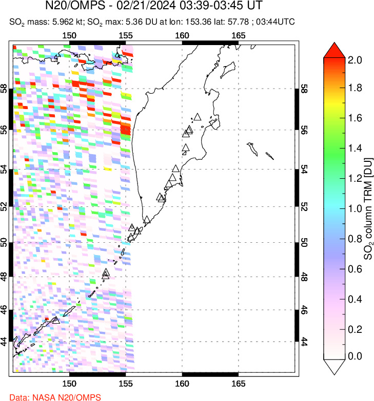 A sulfur dioxide image over Kamchatka, Russian Federation on Feb 21, 2024.