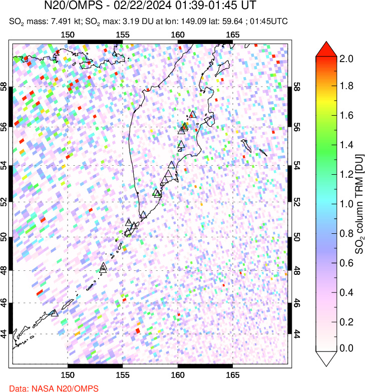 A sulfur dioxide image over Kamchatka, Russian Federation on Feb 22, 2024.