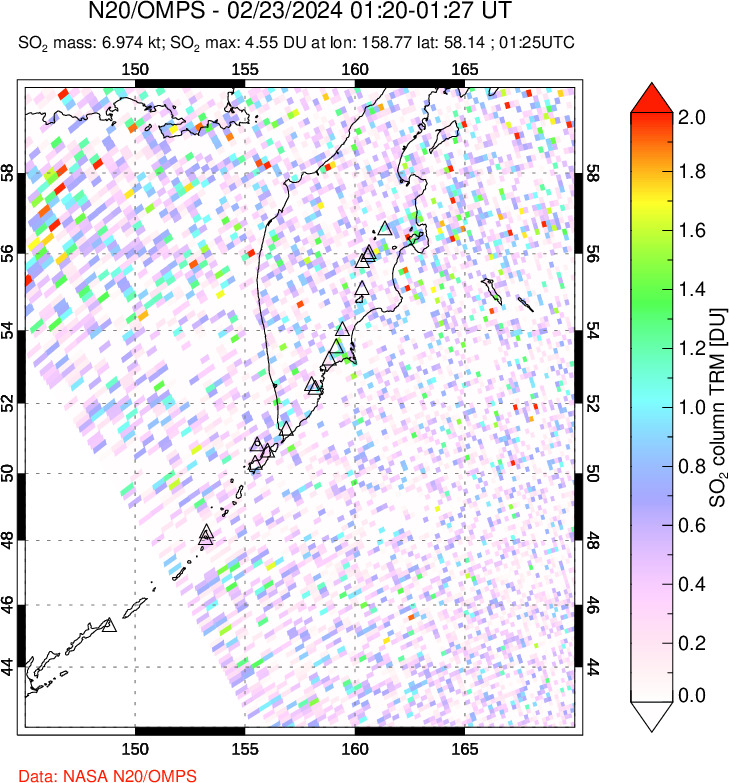 A sulfur dioxide image over Kamchatka, Russian Federation on Feb 23, 2024.